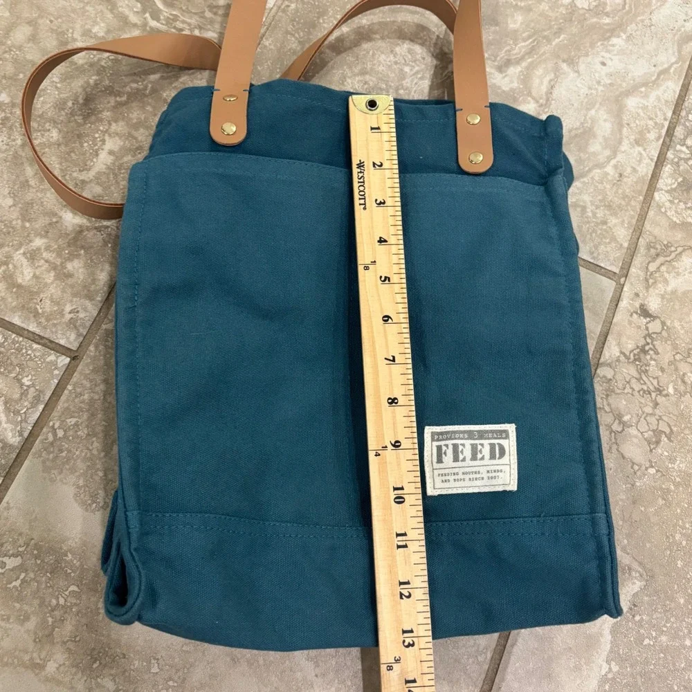 FEED Market Tote Bag Teal Blue Canvas Tan Straps Provides 3 Meals Grocery Bag